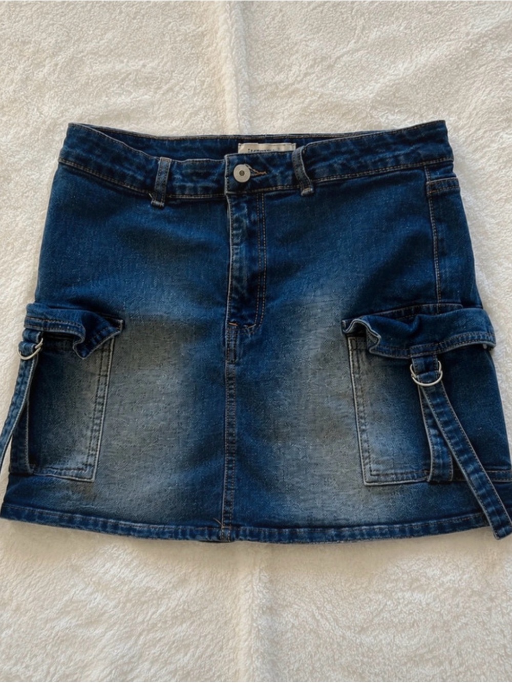 Dark Blue Denim Mini Skirt with Pocket Strap Details